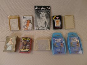 A collection of 9 various packs of vintage playing cards , adult playing cards , card games and a