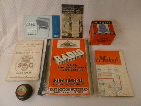 7 x various vintage radio , gramophone related items comprising an original East London Rubber