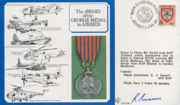 Flt Lt R. J Russell AFC Signed The Award of the George Medal FDC. Jersey Stamp and Postmark. Good