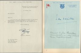 Military. Sir John Hamilton Signed on Headed Paper. Captain R. W. Kego OBE Signed TLS Dated 1st