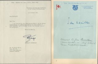 Military. Sir John Hamilton Signed on Headed Paper. Captain R. W. Kego OBE Signed TLS Dated 1st