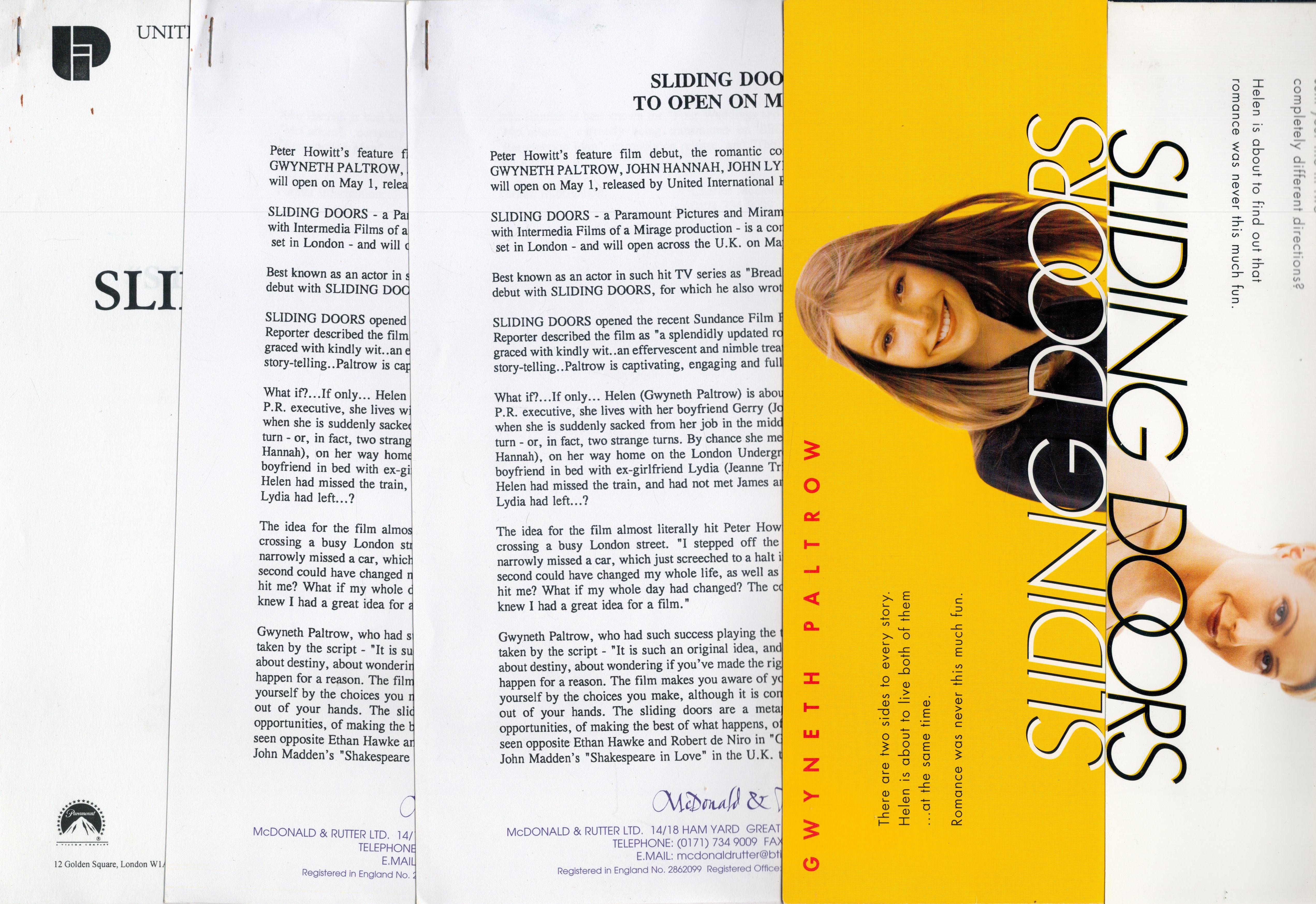 Film. Sliding Doors, 1988, Collection of Press Release and Press Information, Giving Names of