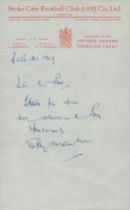 Stanley Matthews ALS short letter dated 21/2/1968 on the headed paper Stoke City Football Club (