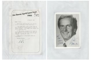 Pat Boone TLS from April Love Tour 1993 and black and white 7x5 signed photo. Good condition. All