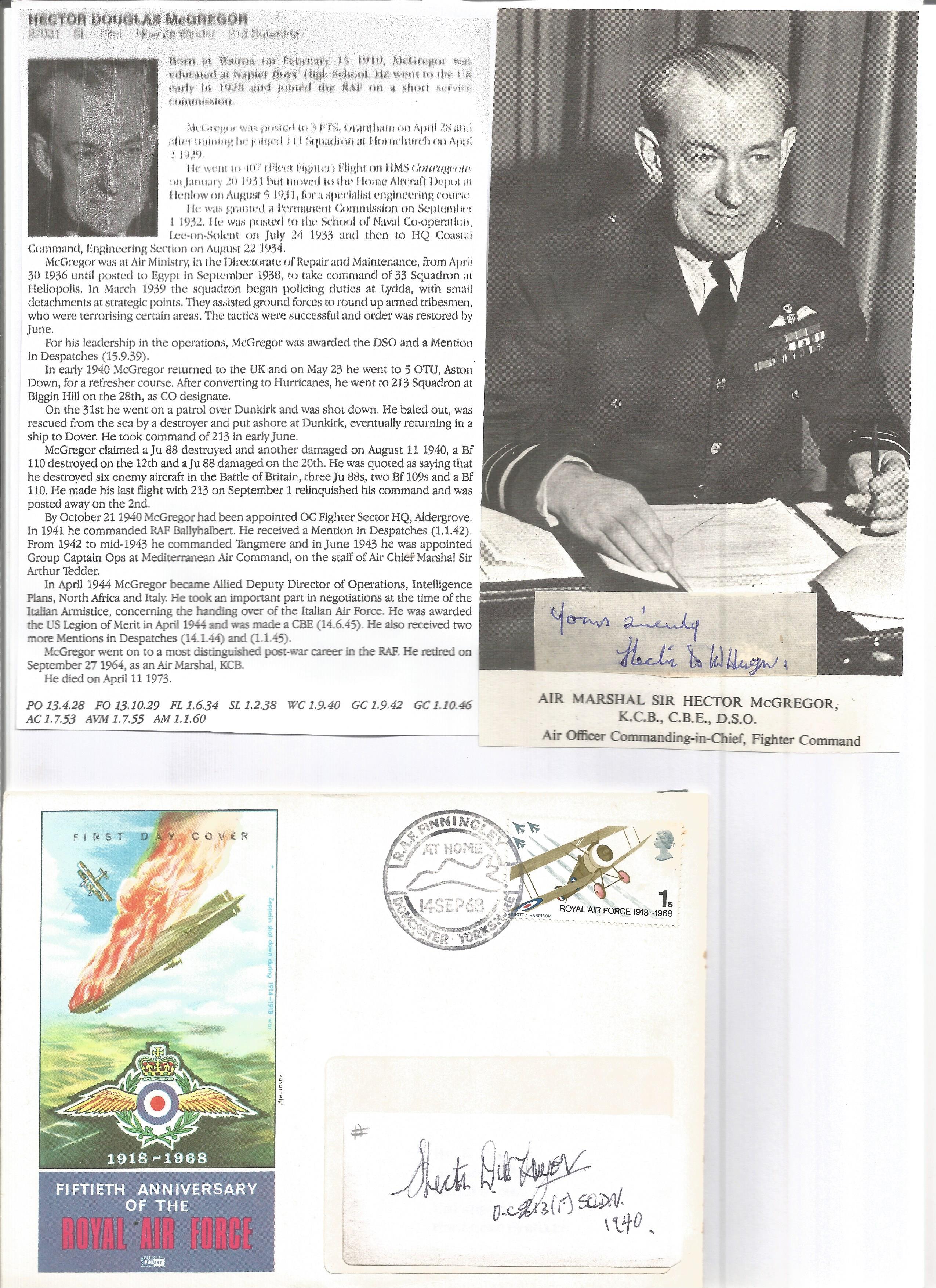 WW2 BOB fighter pilot Hector McGregor 213 sqn signature piece with biography details fixed to A4
