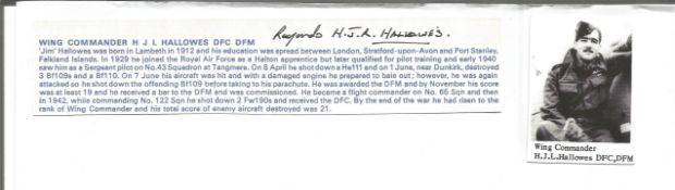 WW2 BOB fighter pilot Herbert Hallowes 43 sqn signature piece with biography details fixed to A4