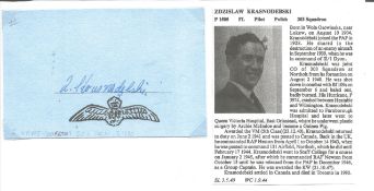 WW2 BOB fighter pilot Zdzislaw Krasnodebski 303 sqn signed card with biography details fixed to A4