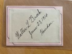 American Pioneer Aviator Pilot Walter L Brock signed card inscribed HENDON 1914. 6 June 1914 The