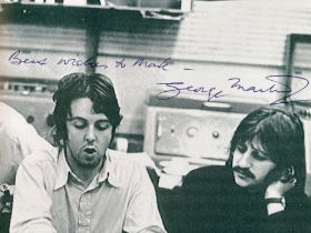 The Beatles Music George Martin manager signed 7 x 5 b/w photo with him in studio with Paul