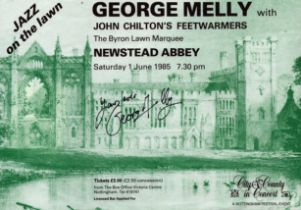 George Melly signed 8x6 inch Jazz on the Lawn 8x6 inch advertising flyer. Good condition. All