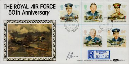 F.J O'Flynn signed FDC Benham. Pilot: FLT. SGN LDR RAF. The Royal Air Force 50th Anniversary. Five