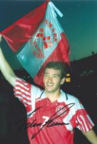 John Jensen signed 12x8 inch colour photo pictured celebrating after Denmark's victory in the
