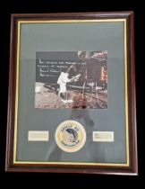 Alan Bean signed colour photo with inscription. Mounted and framed with cloth badge, name plaque and
