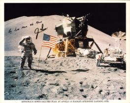 James B. Irwin signed NASA original 10x8 inch colour photo Irwin salutes flag at Apollo 15 Hadley -