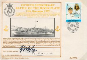 WW2. Cdr EW Sykes DSC And Lt Cdr PHG Richardson Signed 50th anniversary Battle of the River Plate