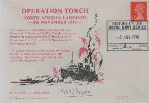 WW2. Lt Cdr HM Irwin VRD RNVR Signed Operation Torch FDC. British Stamp with 8 Nov 1990 Postmark. =