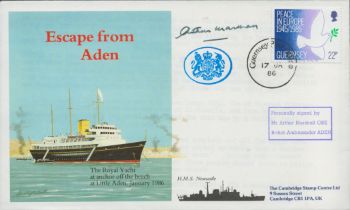 Mr Arthur Marshall OBE Signed Escape From Aden FDC. Guernsey Stamp with 17 Jan 86 Postmark. =Good