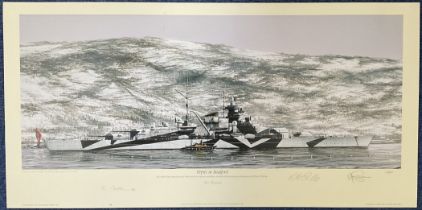 WWII multi signed 21x10 inch limited edition colour print titled Tirpitz in Kaafjord signatures