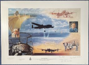 WWII Colour Print Operation Chastise by John Young Multi Signed by Les Munro, Geo Johnnie Johnson,