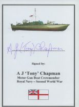 WW2 Royal Navy. A.J. 'Tony' Chapman Signed 6 x 4 inch Bio Card. =Good condition. All autographs come