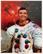 Fred Haise signed 10x8 inch original NASA colour photo pictured in Space suit dedicated inscribed To