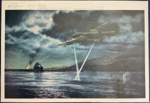 WWII multi signed Colour Print Showing Lancaster Bombers Dropping Bouncing Bomb Towards the Dams