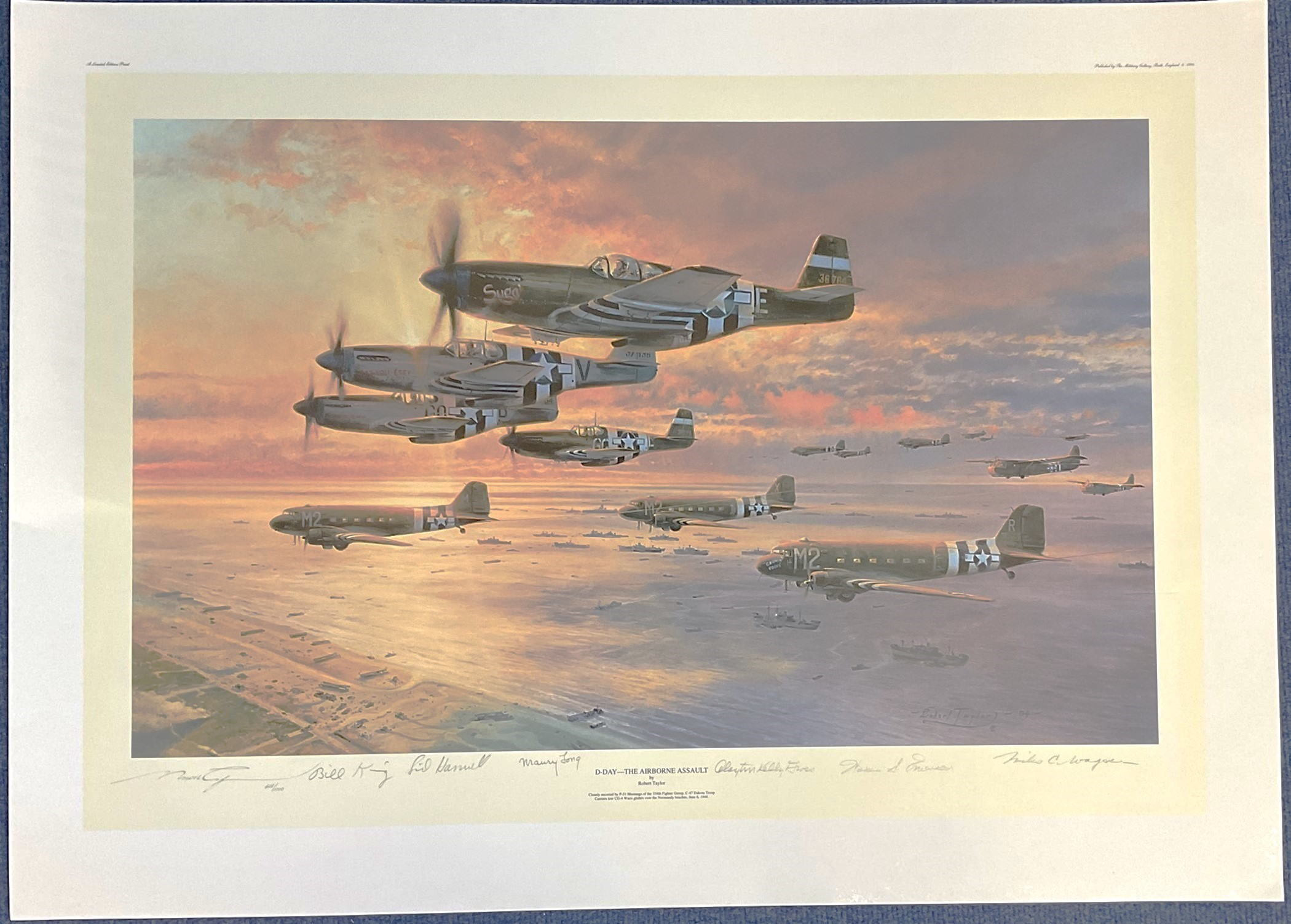 WWII Multi Signed Robert Taylor Colour Print Titled D Day The Airborne Assault 35x25 Inches. =Good