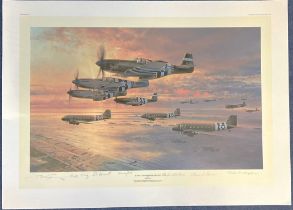 WWII Multi Signed Robert Taylor Colour Print Titled D Day The Airborne Assault 35x25 Inches. =Good