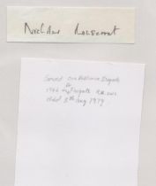 WW2. Lt Cdr Nicholas Monsarrat (RNVR) Signed 3 x 1 inch White Signature Piece. =Good condition.