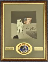 Edgar Mitchell signed colour photo. Mounted and framed with cloth badge, name and mission plaque.