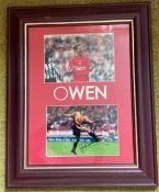 Football Michael Owen signed autograph display. Two colour signed photos professionally mounted