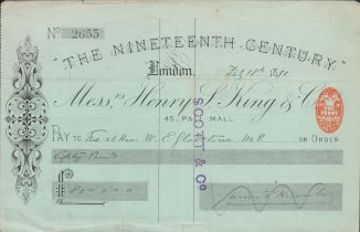 Willaim E. Gladstone former Prime Minister signed large cheque dated Feb 18th, 1891, signed on