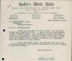 Ninette de Valois signed Sadlers Well Ballet TLS dated 10th Sept 1943 interesting content. Good