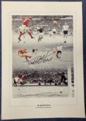 Geoff Hurst signed 16x12 inch 1966 World Cup final montage colourised print pictured scoring his hat