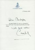 Queen Camilla Her Majesty The Queen signed letter on Clarence House headed paper. Dated 6th March