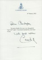 Queen Camilla Her Majesty The Queen signed letter on Clarence House headed paper. Dated 6th March