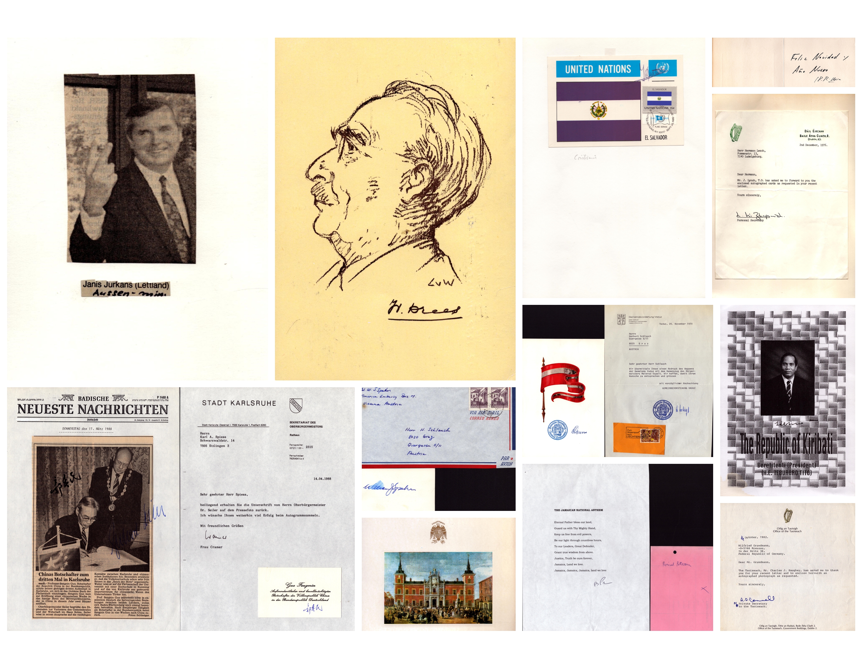 POLITICAL Collection of 13 signatures and pictures including names of Janis Jurkans, Frau Cramer and