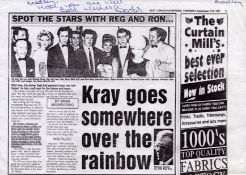 Photocopy of 1997 newspaper article of The Kray Twins dedicated to Bradley Lane and Signed by