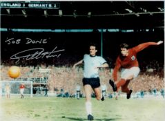 Geoff Hurst signed 16x12 inch 1966 World cup final colour print pictured scoring his hat trick