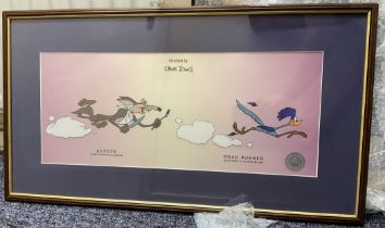 Chuck Jones 30x17 inch Original framed and mounted Coyote and Road Runner cell illustration with