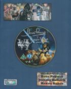 Dave Prowse, Jeremy Bulloch and Kenny Baker signed Star Wars DVD stuck to 10x8inch card. Good