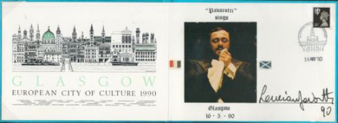 Pavarotti signed 1990 Glasgow City of Culture promo card. Photo of the Opera legend has been