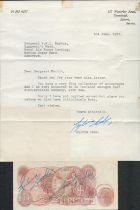 Sylvia Cook and John Fairfax signed Ten Shilling Note includes accompanying TLS dated 3RD June 1972.