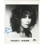 English Singer Marti Webb Signed 10 x 8 inch Black and White Personalised Photo. Signed in blue ink.