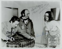 Reg Varney, Anna Karen and Michael Robbins multi signed 10x8 black and white Holiday On The Buses