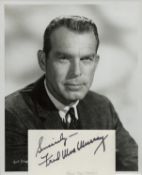Fred MacMurray signed 5x3 inch white card and 10x8 inch black and white photo. Good condition. All