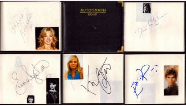 Entertainment collection of various autographs in a hard cover autograph book, including names of