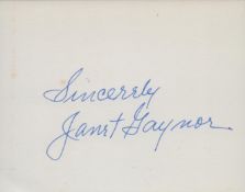 Janet Gaynor signed 6x4 inch white card and 10x8 inch vintage black and white photo. Good condition.