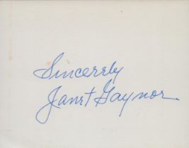 Janet Gaynor signed 6x4 inch white card and 10x8 inch vintage black and white photo. Good condition.