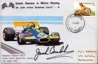 Motor Racing FDC signed by Sir John (Jack) Arthur Brabham. Date Stamped 7th March 1980. Good